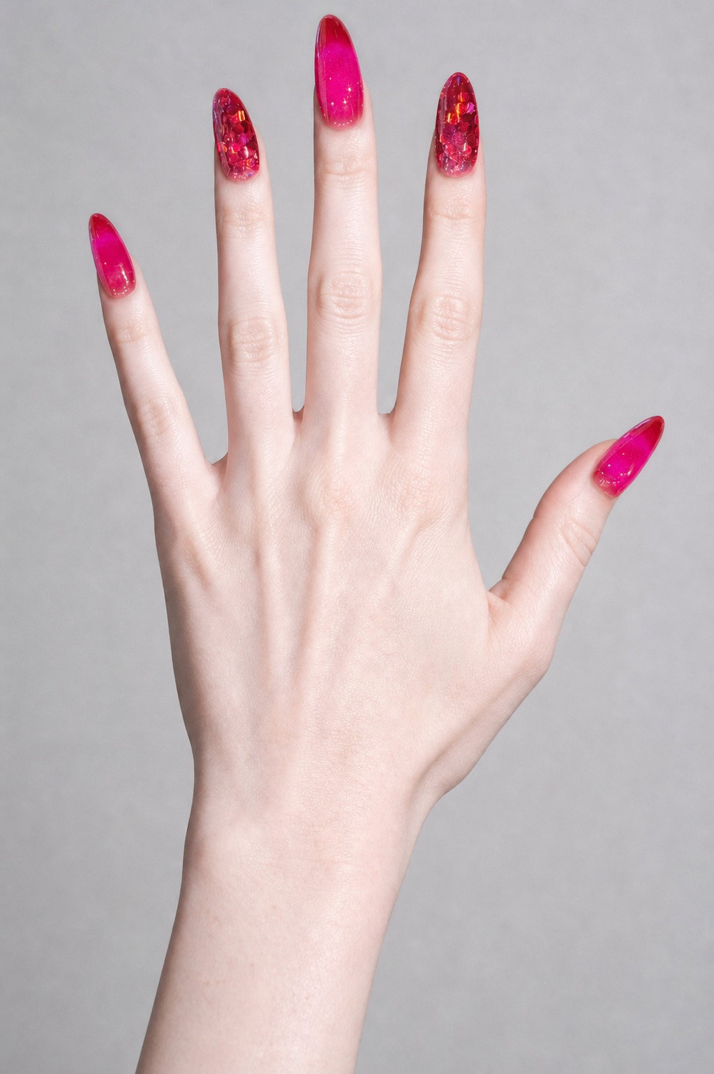 AI Studio — press-on nails designed with AI, shown on a real hand